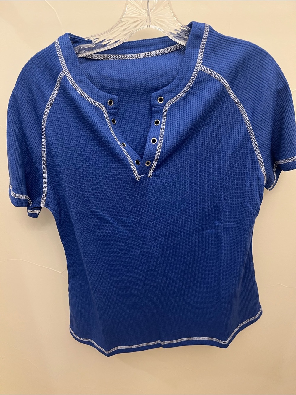Women's Blue Short-Sleeve Waffle Henley Top